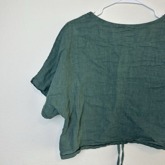 Meo Meli Linen Top Women’s M/L Green Short Sleeve Ruched Crop Lightweight Beachy - Picture 7 of 11